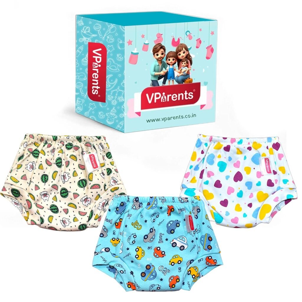 VParents Padded Underwear for Babies and Toddlers with 3 Layers of Cotton Padding Potty Training Pull Up & Diaper-Free Time Pack of 3 (6-12 months) Fruitie car and heart 111170