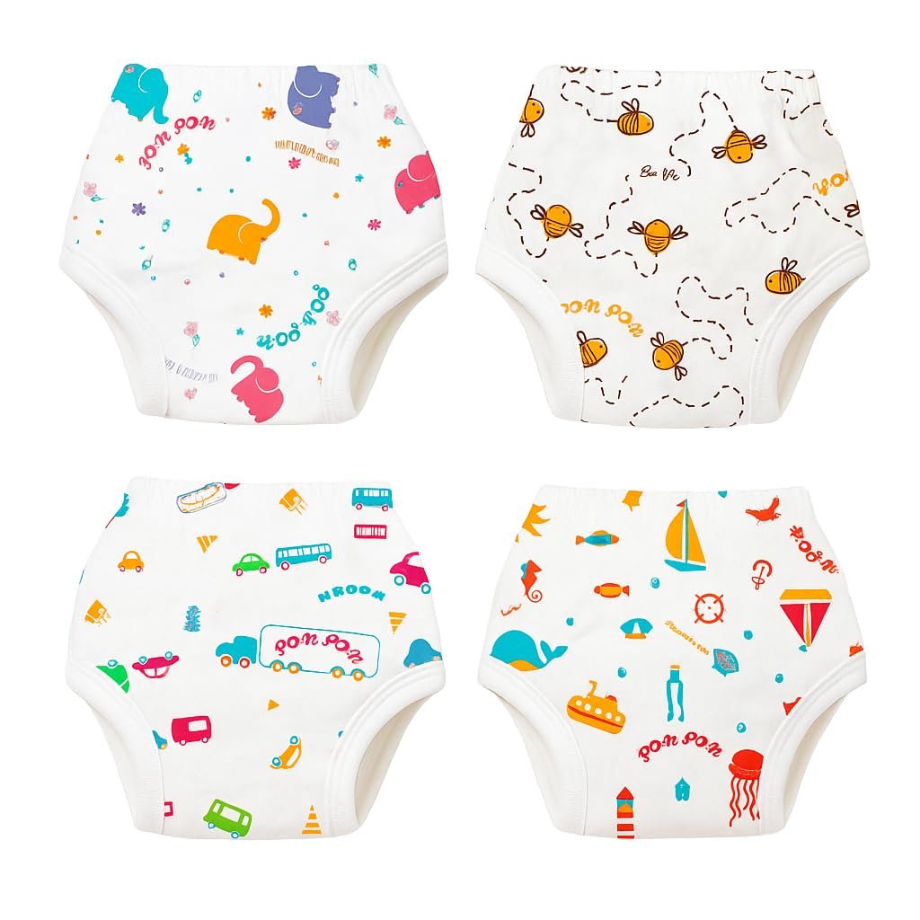 pom-pom SWEET HEARTS Cotton Padded Underwear for Growing Babies – Reusable Pull-Up Potty Training Pants For Diaper-Free Time | Dry-Feel Top Layer, Multi-Layer Padding | (0-3 months) Pack of 4
