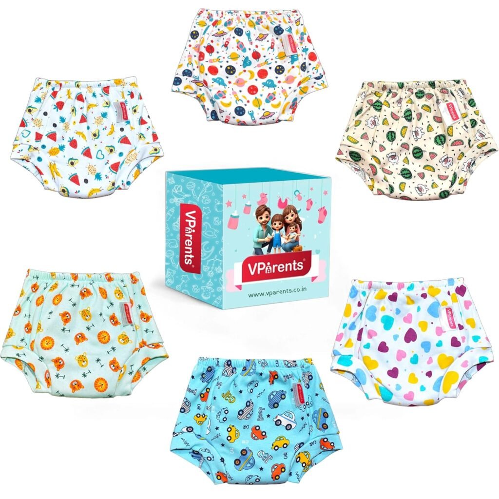VParents Padded Underwear for Babies and Toddlers with 3 Layers of Cotton Padding Potty Training Pull Up & Diaper-Free Time Pack of 6 (1-2 years) Lion car Heart galaxy watermelon Fruitie
