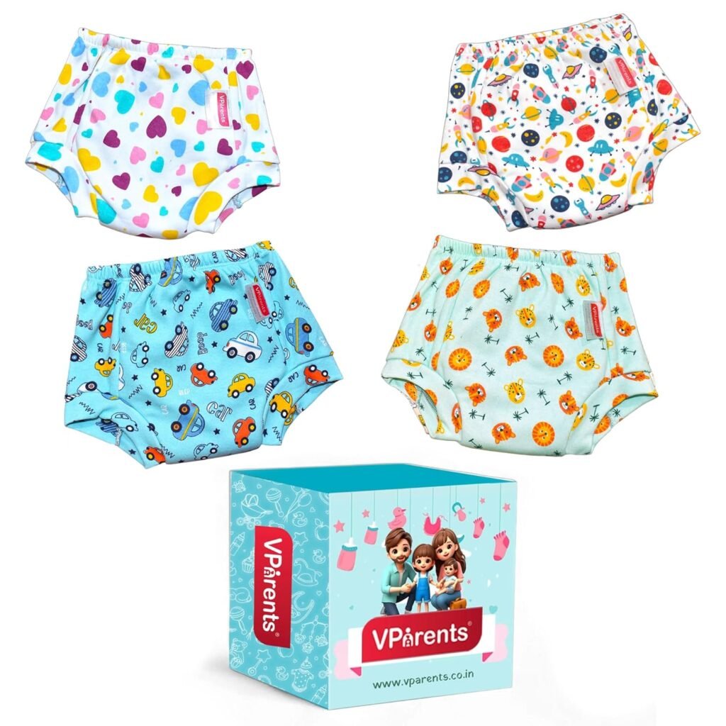 VParents Padded Underwear for Babies and Toddlers with 3 Layers of Cotton Padding Potty Training Pull Up & Diaper-Free Time Pack of 4 (6-12 months) Lion car Heart Galaxy